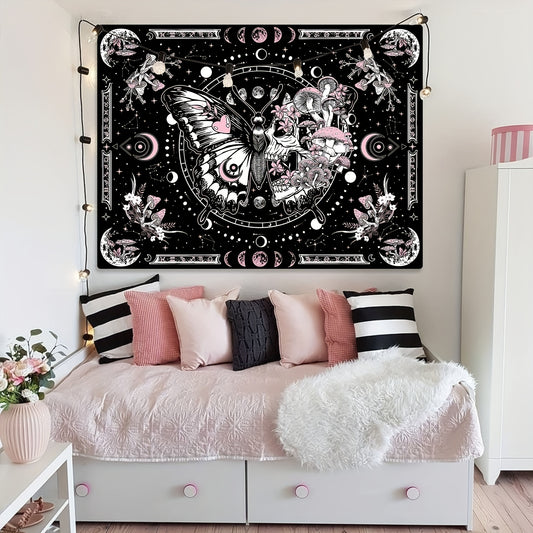 Skull Butterfly Tapestry Pink Skull Hippie Mushroom Plant Bedroom Tapestry Moon Phase Aesthetic Tapestry Living Room Dormitory Wall Hanging Tapestry Pink)