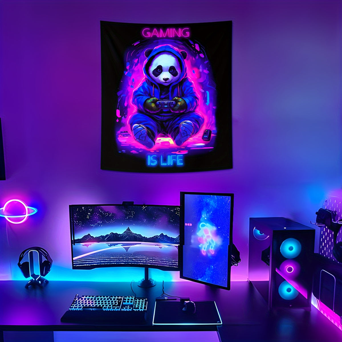 UV-Blacklight Panda Tapestry for Gamers' Rooms & Bedrooms - Easy Install, Cosmic Space Theme