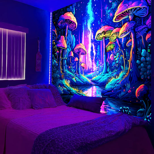 1pc Mushroom Forest Plants Fluorescent Tapestry, Colorful aesthetics Polyster UV BlackLight Tapestry, Wall Hanging for Living Room Bedroom Office Home Decor/Room Decor/Party Deco, Holiday GiftWith Free Installation Package, H