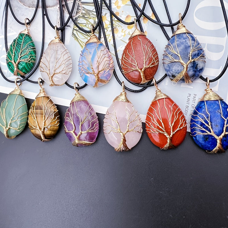 1pc Natural Crystal Droplet Cooper Tree Of Life Charm Pendant Necklace, Black Faux Leather Chakra Gemstone Jewelry Gifts For Women Men