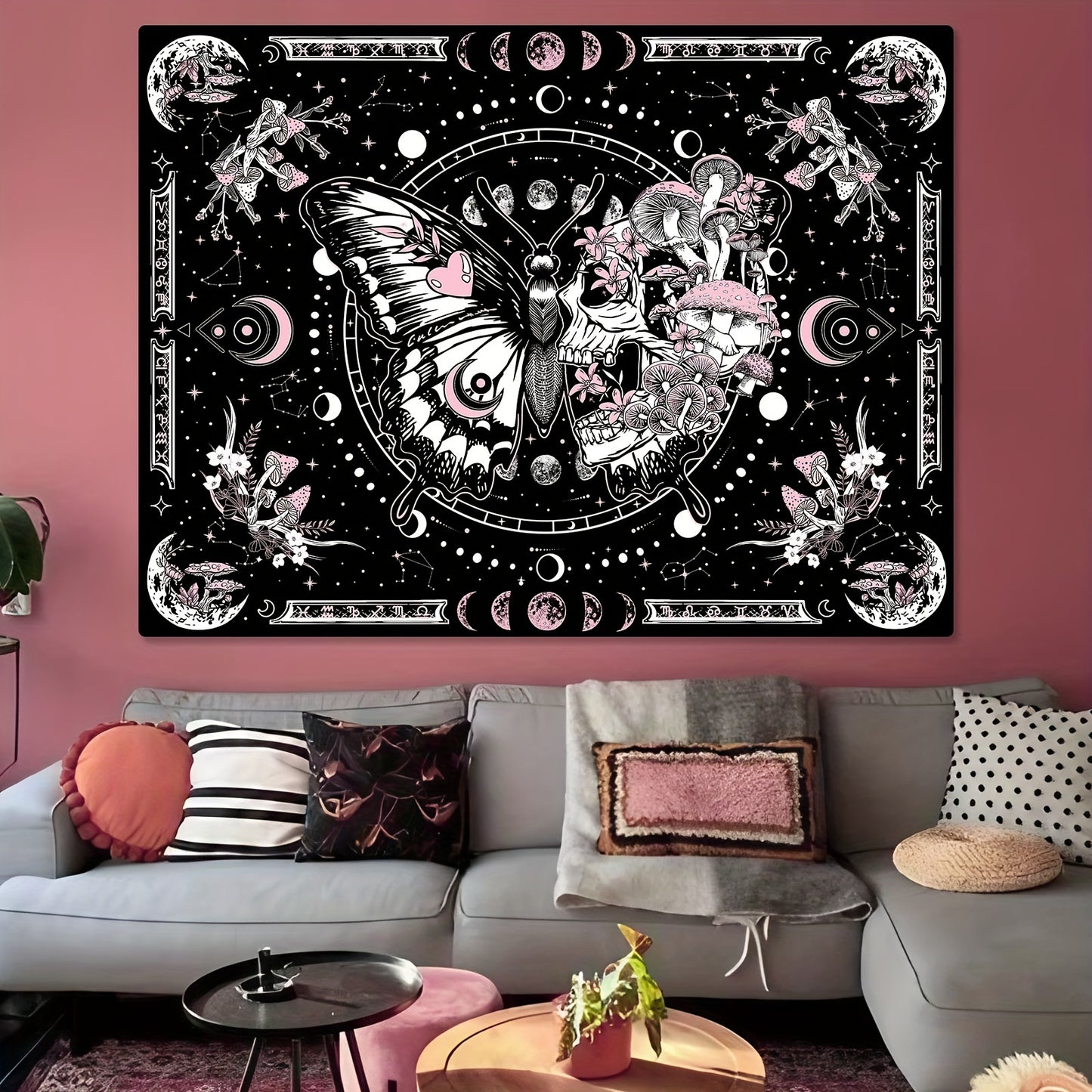 Skull Butterfly Tapestry Pink Skull Hippie Mushroom Plant Bedroom Tapestry Moon Phase Aesthetic Tapestry Living Room Dormitory Wall Hanging Tapestry Pink)