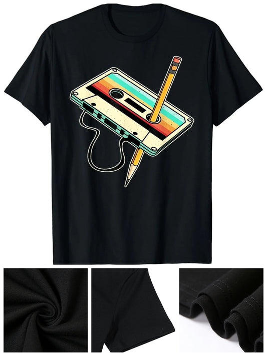 80s Retro Nostalgia 1980s Cassette Tape Pencil Music T-Shirt for Summer, Spring and Autumn Wear