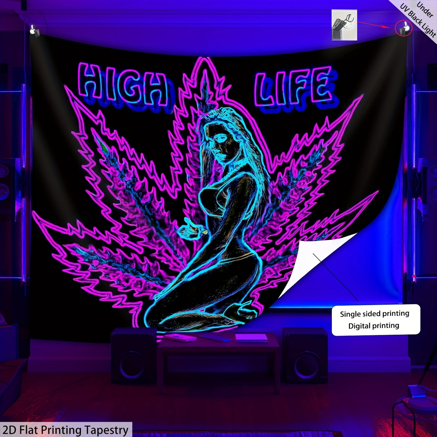 1pc High Life Leaf Pattern Fluorescent Tapestry - UV Black Light Wall Hanging for Living Room, Bedroom, Office & Party Decor - Easy Installation with Free Package, Bedroom Decor, Stylish Room Accent, Durable Room Accent