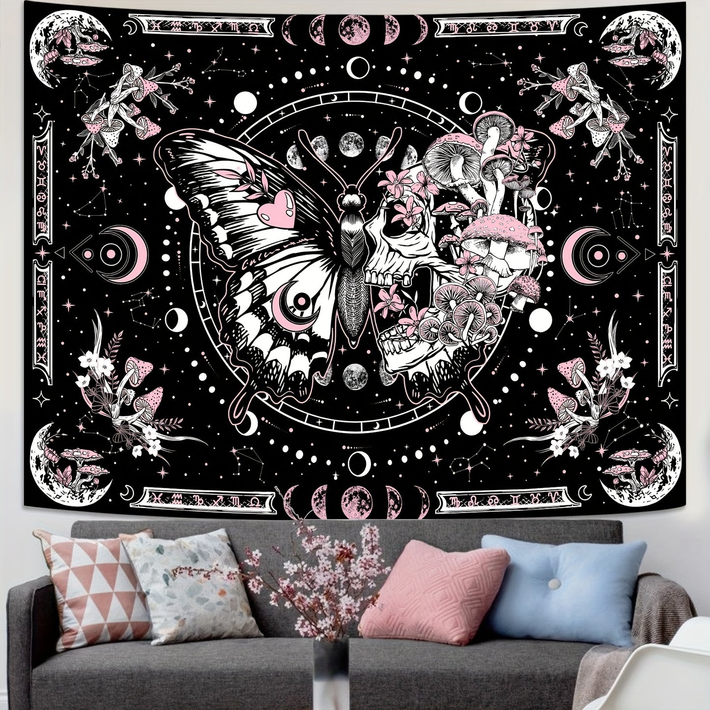 Skull Butterfly Tapestry Pink Skull Hippie Mushroom Plant Bedroom Tapestry Moon Phase Aesthetic Tapestry Living Room Dormitory Wall Hanging Tapestry Pink)