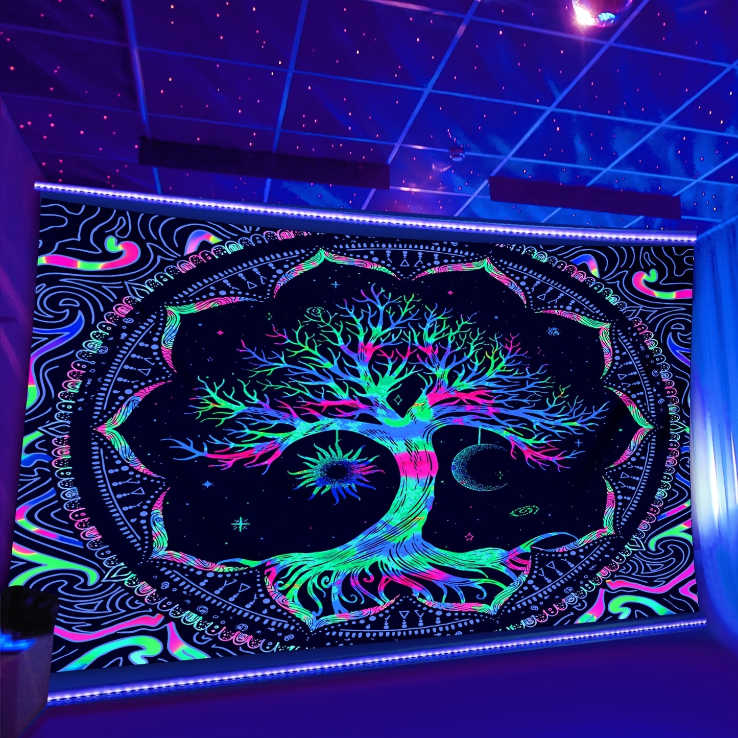 1pc Peach Skin 90gsm Psychedelic Tree of Life Black Light Tapestry, Psychedelic Mandala Fluorescent Hanging Cloth, UV Black Light Decorative Cloth, for Home Living Room Use
