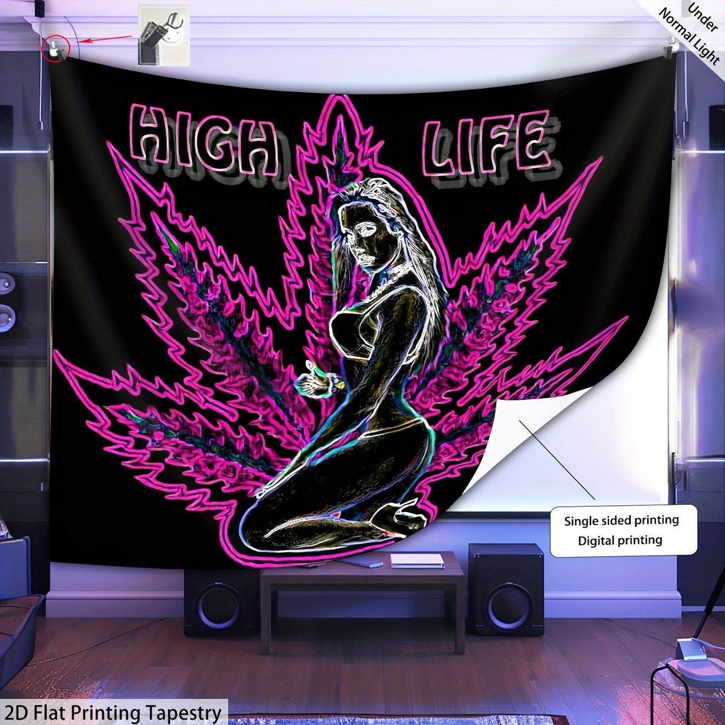 1pc High Life Leaf Pattern Fluorescent Tapestry - UV Black Light Wall Hanging for Living Room, Bedroom, Office & Party Decor - Easy Installation with Free Package, Bedroom Decor, Stylish Room Accent, Durable Room Accent