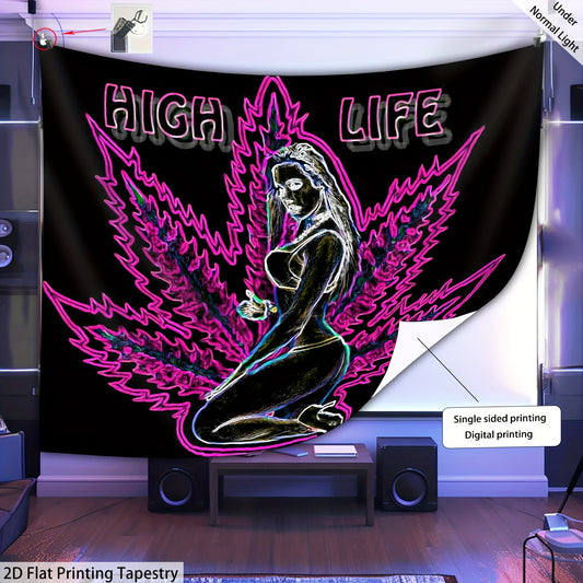 1pc High Life Leaf Pattern Fluorescent Tapestry - UV Black Light Wall Hanging for Living Room, Bedroom, Office & Party Decor - Easy Installation with Free Package, Bedroom Decor, Stylish Room Accent, Durable Room Accent