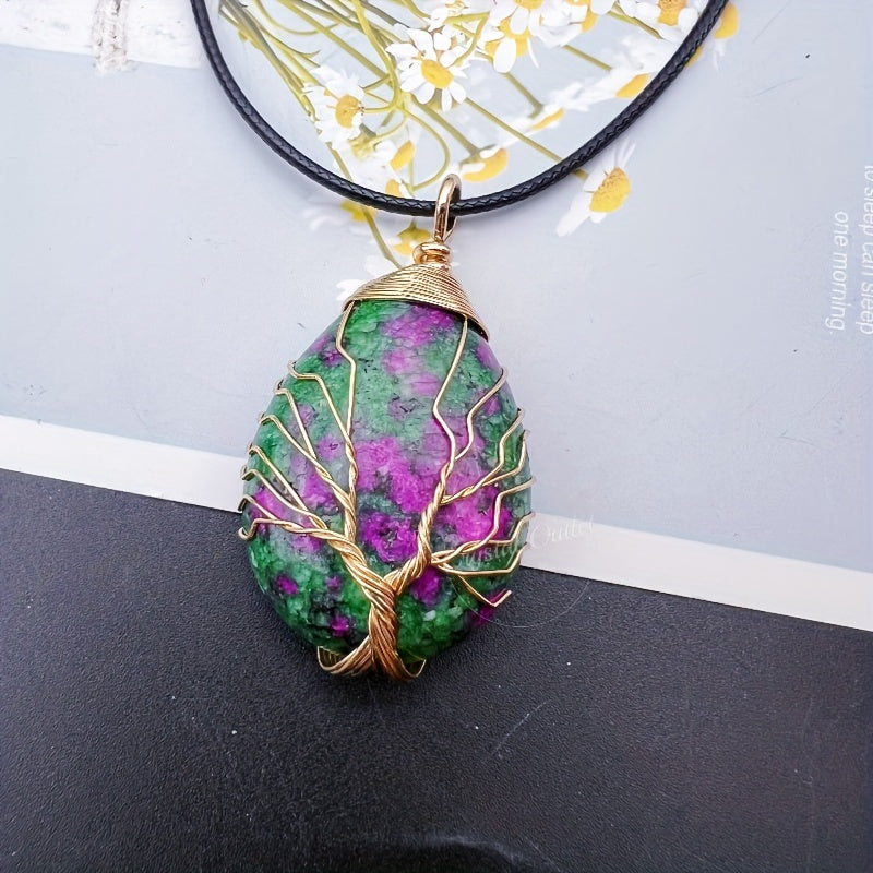 1pc Natural Crystal Droplet Cooper Tree Of Life Charm Pendant Necklace, Black Faux Leather Chakra Gemstone Jewelry Gifts For Women Men