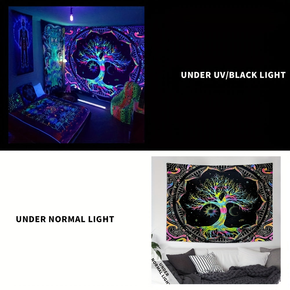 1pc Peach Skin 90gsm Psychedelic Tree of Life Black Light Tapestry, Psychedelic Mandala Fluorescent Hanging Cloth, UV Black Light Decorative Cloth, for Home Living Room Use