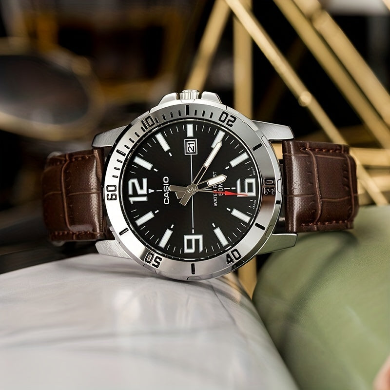 Casio Quartz Date Watch 50M Water Resistant Leather Strap