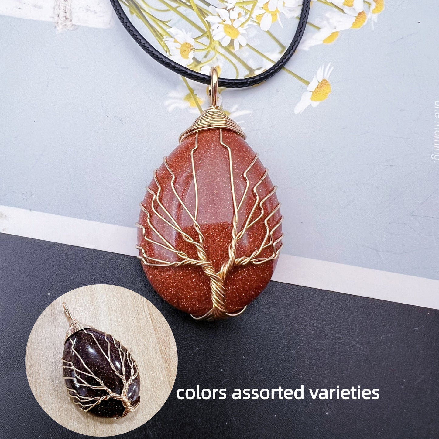 1pc Natural Crystal Droplet Cooper Tree Of Life Charm Pendant Necklace, Black Faux Leather Chakra Gemstone Jewelry Gifts For Women Men