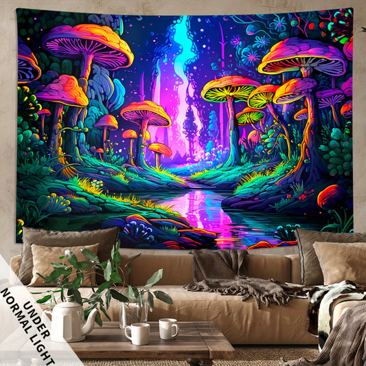 1pc Mushroom Forest Plants Fluorescent Tapestry, Colorful aesthetics Polyster UV BlackLight Tapestry, Wall Hanging for Living Room Bedroom Office Home Decor/Room Decor/Party Deco, Holiday GiftWith Free Installation Package, H