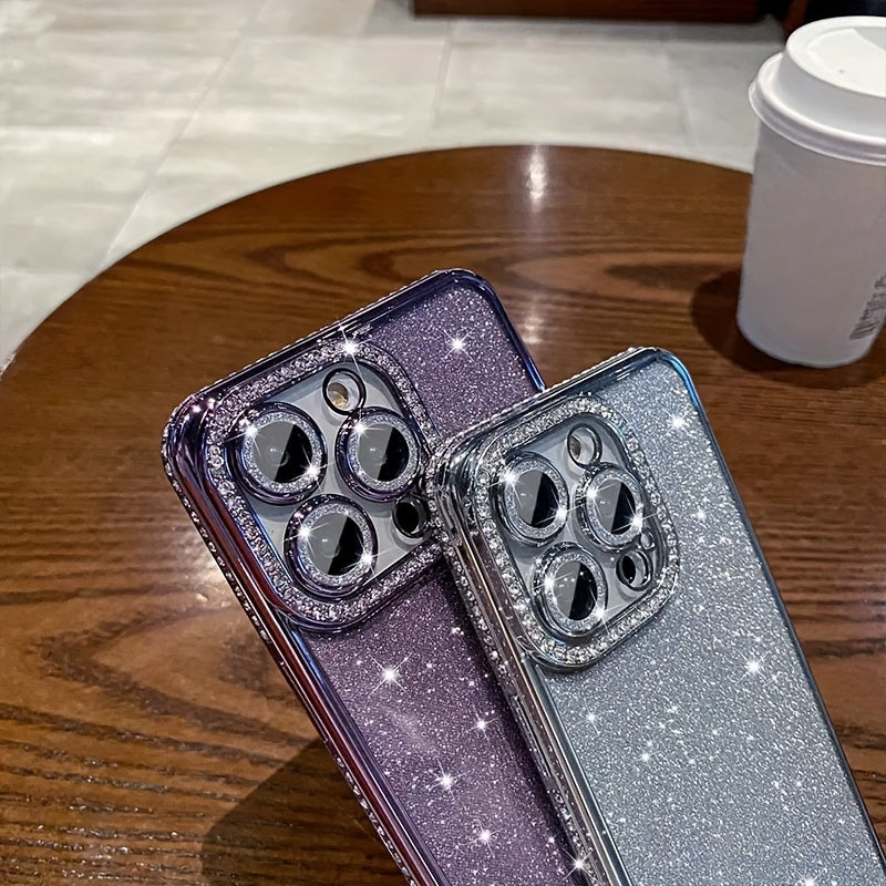 Luxury shiny diamond rhinestone phone case for iPhone 11, 12, 13, 14, 15 Pro, Plus, Pro Max with camera lens protector coated glitter card soft TPU material phone case, perfect holiday gift