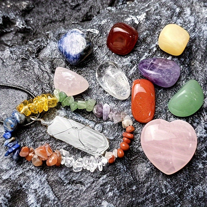 11pcs/set Crystals Gemstones Set, Raw Chakra Stones Colorful Bracelet & Heart Shape Gemstones & Hexagonal Crystal Necklace, Festival Gift & Collection