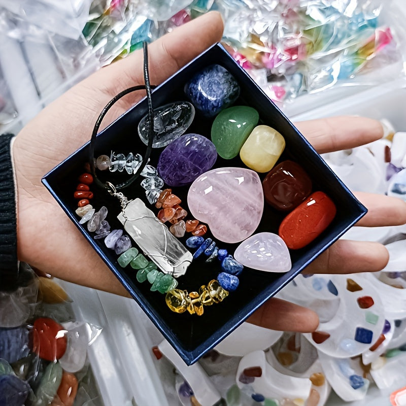 11pcs/set Crystals Gemstones Set, Raw Chakra Stones Colorful Bracelet & Heart Shape Gemstones & Hexagonal Crystal Necklace, Festival Gift & Collection