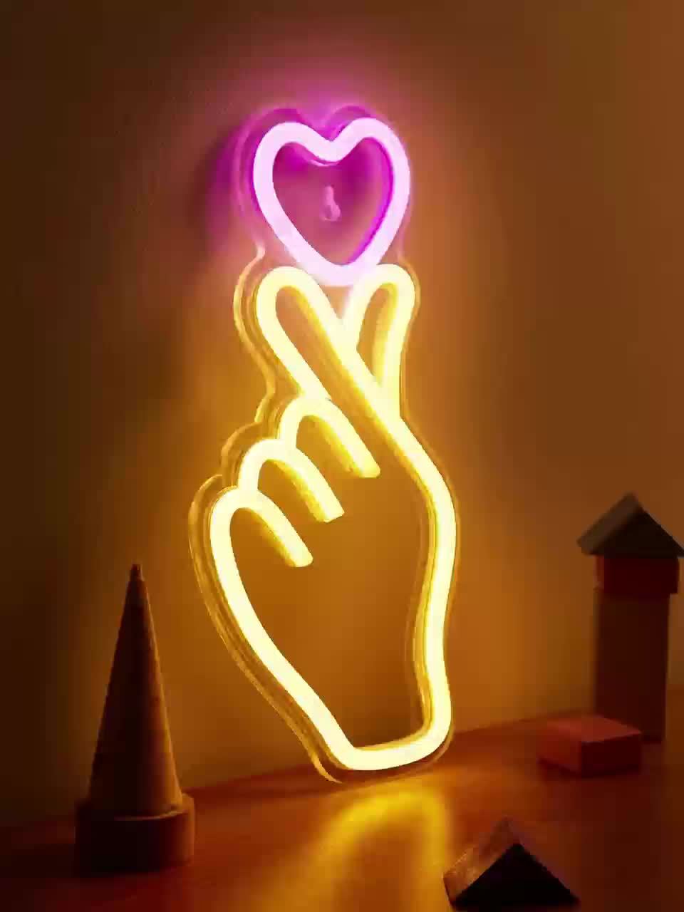 [LED Neon Sign] 1pc LED Neon Sign, Finger Heart Design | 5V USB Powered, Plastic, Wall Hanging, Switch Control, Bedroom Decor, No Battery Required