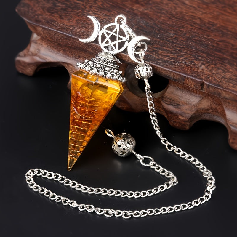 1PC Seven Chakra Gravel Resin Artificial Crystal Pendant, Divination Moon Chakra Hexagonal Cone Pendulum
