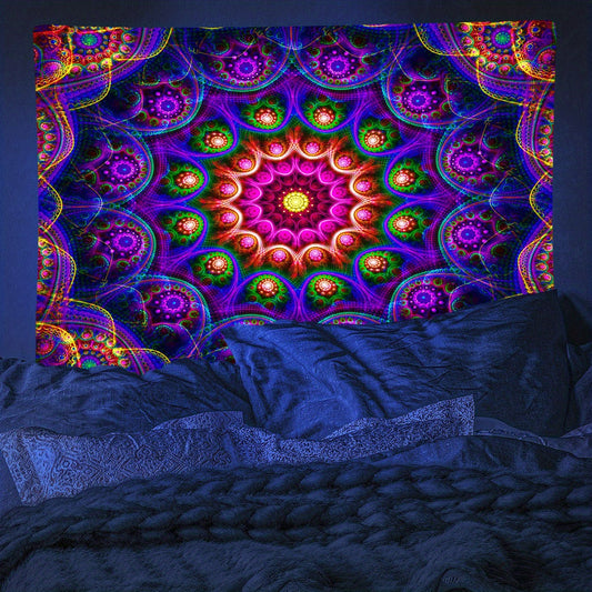 1pc Bohemian Mandala Fluorescent Tapestry, Hippy Colorful Aesthetic Polyster UV Blacklight Tapestry, Wall Hanging For Living Room Bedroom Office Home Decor/Room Decor/Party Decor, With Free Installation Package