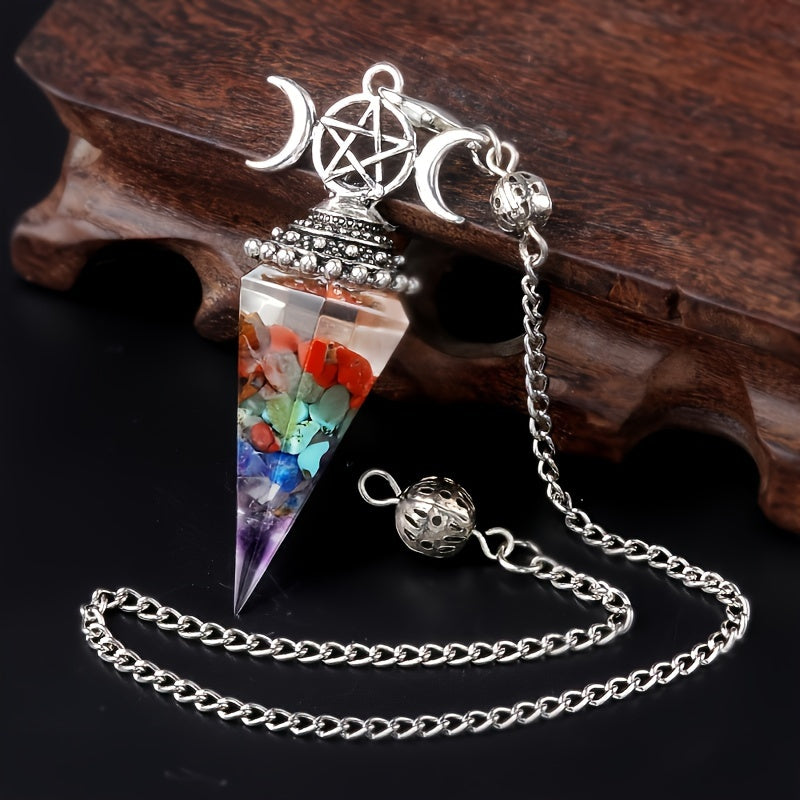 1PC Seven Chakra Gravel Resin Artificial Crystal Pendant, Divination Moon Chakra Hexagonal Cone Pendulum
