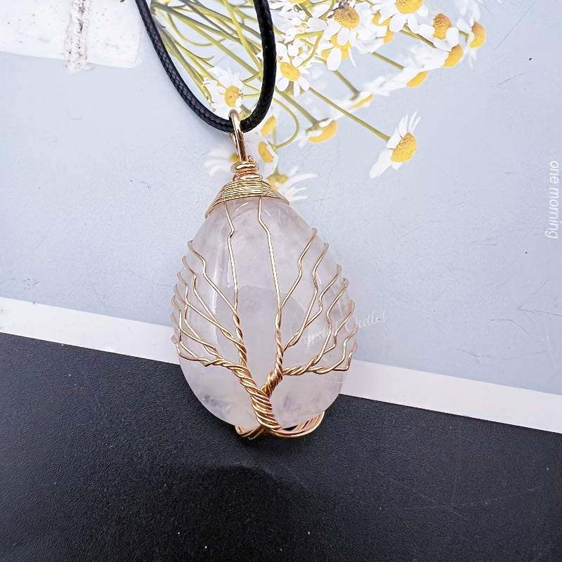 1pc Natural Crystal Droplet Cooper Tree Of Life Charm Pendant Necklace, Black Faux Leather Chakra Gemstone Jewelry Gifts For Women Men