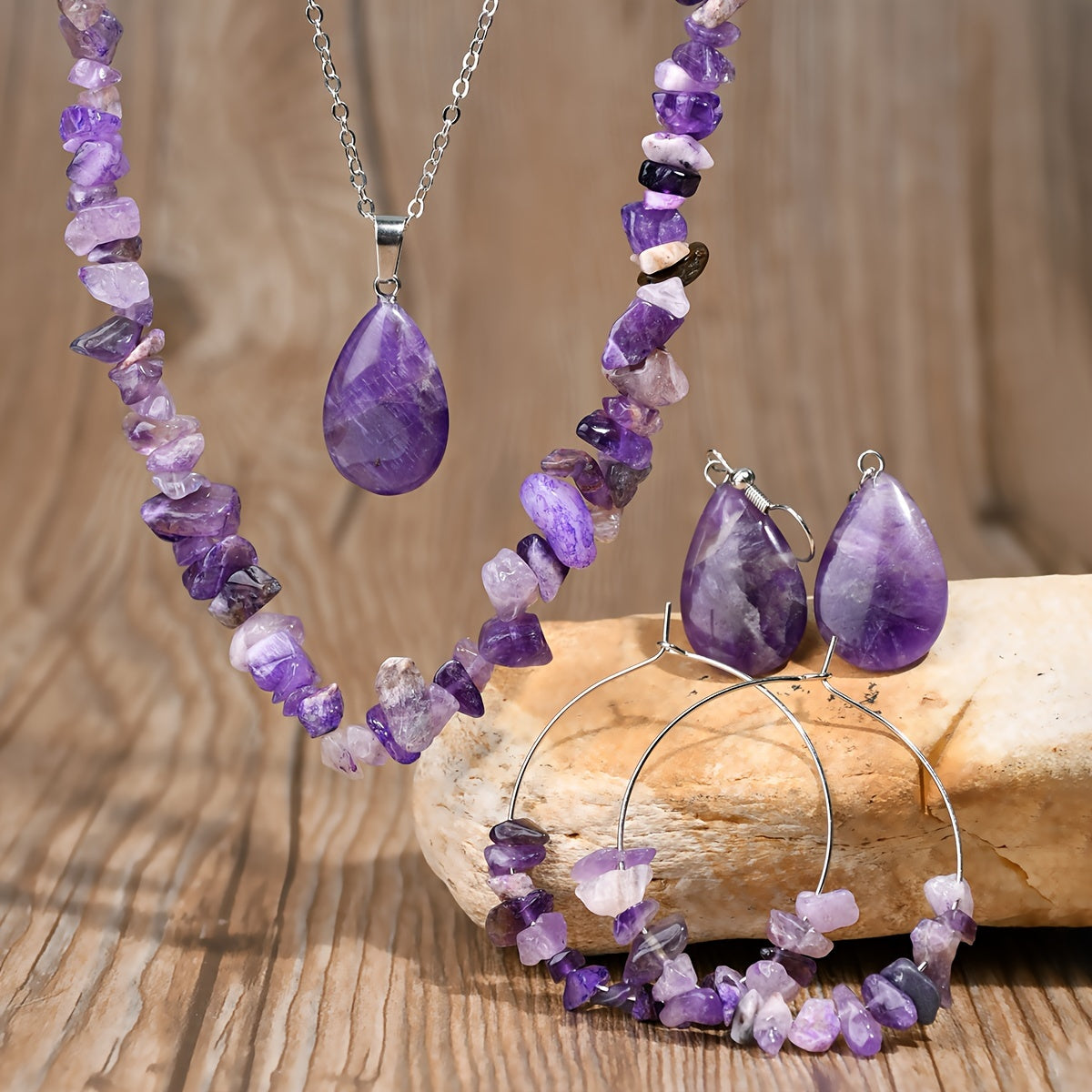 6pcs Irregular Purple Crystal Necklace Earrings Set, Bohemian Fashion, for Daily, Holiday, Gift