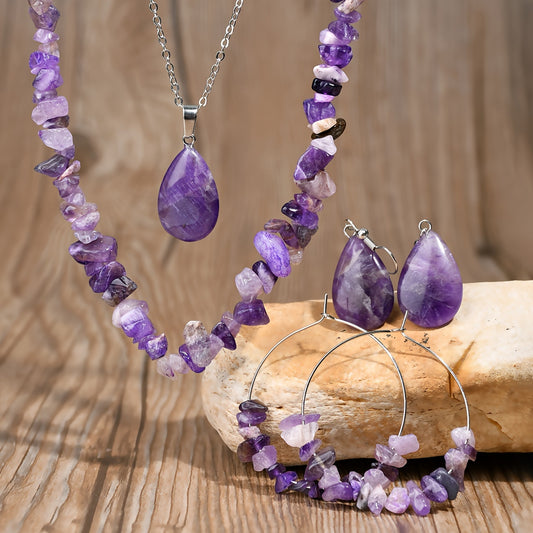 6pcs Irregular Purple Crystal Necklace Earrings Set, Bohemian Fashion, for Daily, Holiday, Gift