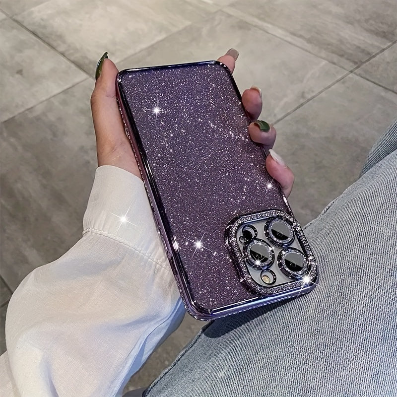 Luxury shiny diamond rhinestone phone case for iPhone 11, 12, 13, 14, 15 Pro, Plus, Pro Max with camera lens protector coated glitter card soft TPU material phone case, perfect holiday gift