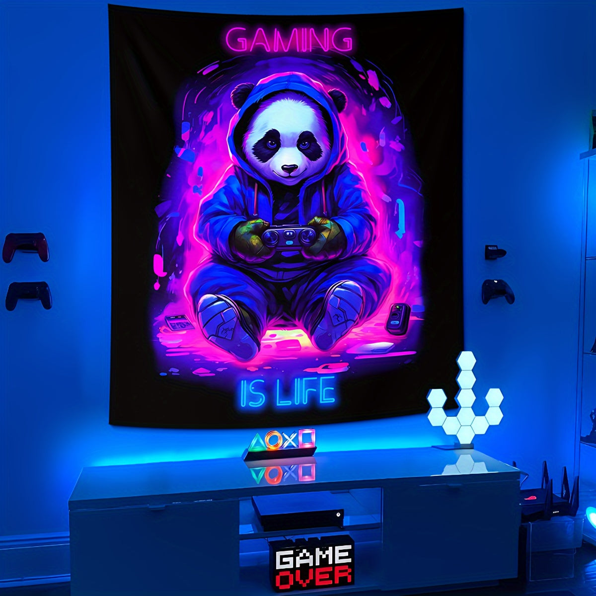 UV-Blacklight Panda Tapestry for Gamers' Rooms & Bedrooms - Easy Install, Cosmic Space Theme