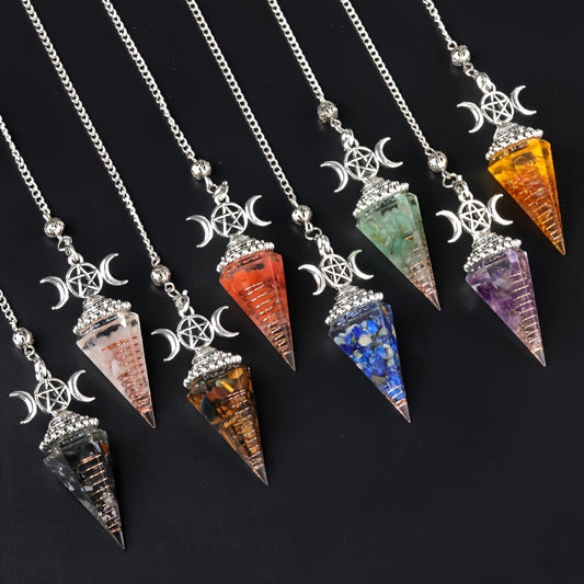 1PC Seven Chakra Gravel Resin Artificial Crystal Pendant, Divination Moon Chakra Hexagonal Cone Pendulum