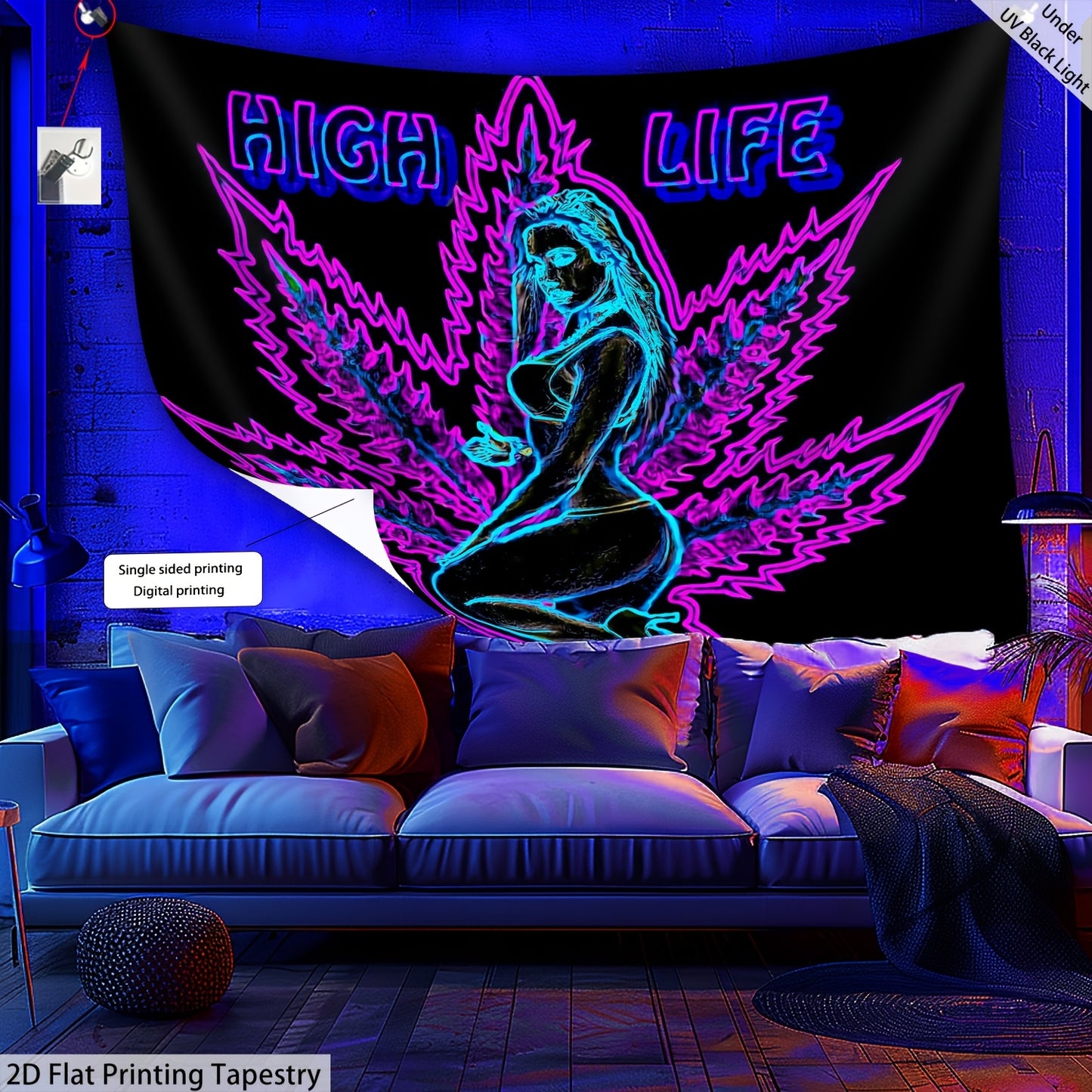 1pc High Life Leaf Pattern Fluorescent Tapestry - UV Black Light Wall Hanging for Living Room, Bedroom, Office & Party Decor - Easy Installation with Free Package, Bedroom Decor, Stylish Room Accent, Durable Room Accent