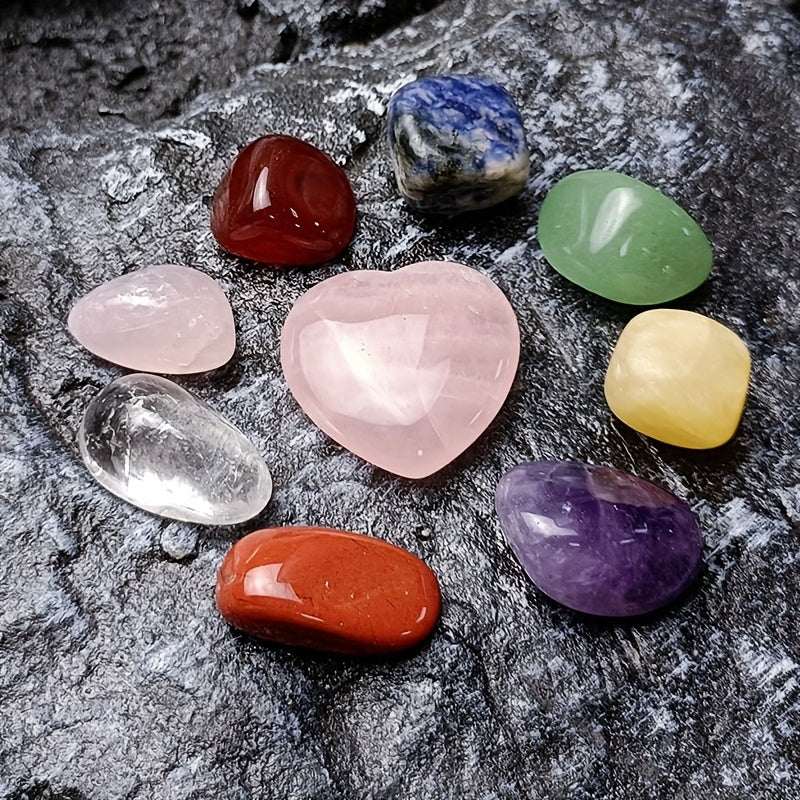 11pcs/set Crystals Gemstones Set, Raw Chakra Stones Colorful Bracelet & Heart Shape Gemstones & Hexagonal Crystal Necklace, Festival Gift & Collection