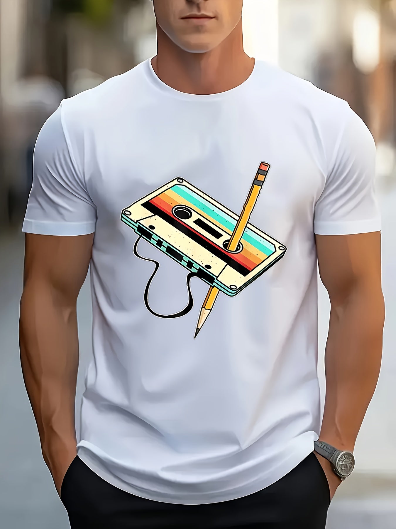 80s Retro Nostalgia 1980s Cassette Tape Pencil Music T-Shirt for Summer, Spring and Autumn Wear