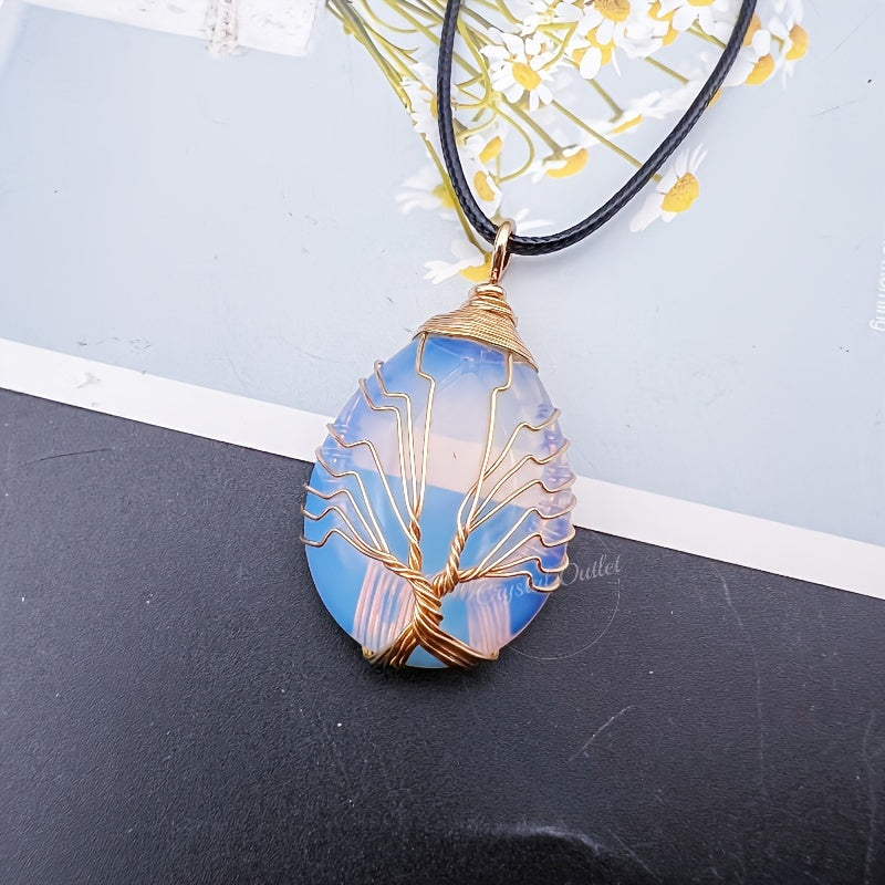 1pc Natural Crystal Droplet Cooper Tree Of Life Charm Pendant Necklace, Black Faux Leather Chakra Gemstone Jewelry Gifts For Women Men