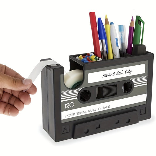 Retro Cassette Tape Dispenser & Pen Holder - Black ABS Resin Desk Organizer, Office Stationery Caddy with Vase Design