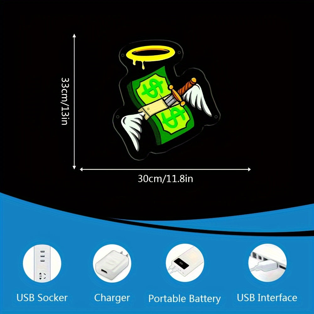 1pc Dollars And Wings LED Neon Sign Neon Wall And Table Decor, Light Up Signs USB Powered Neon Lights Signs, For Bedroom Room Bar Wedding Party Decoration