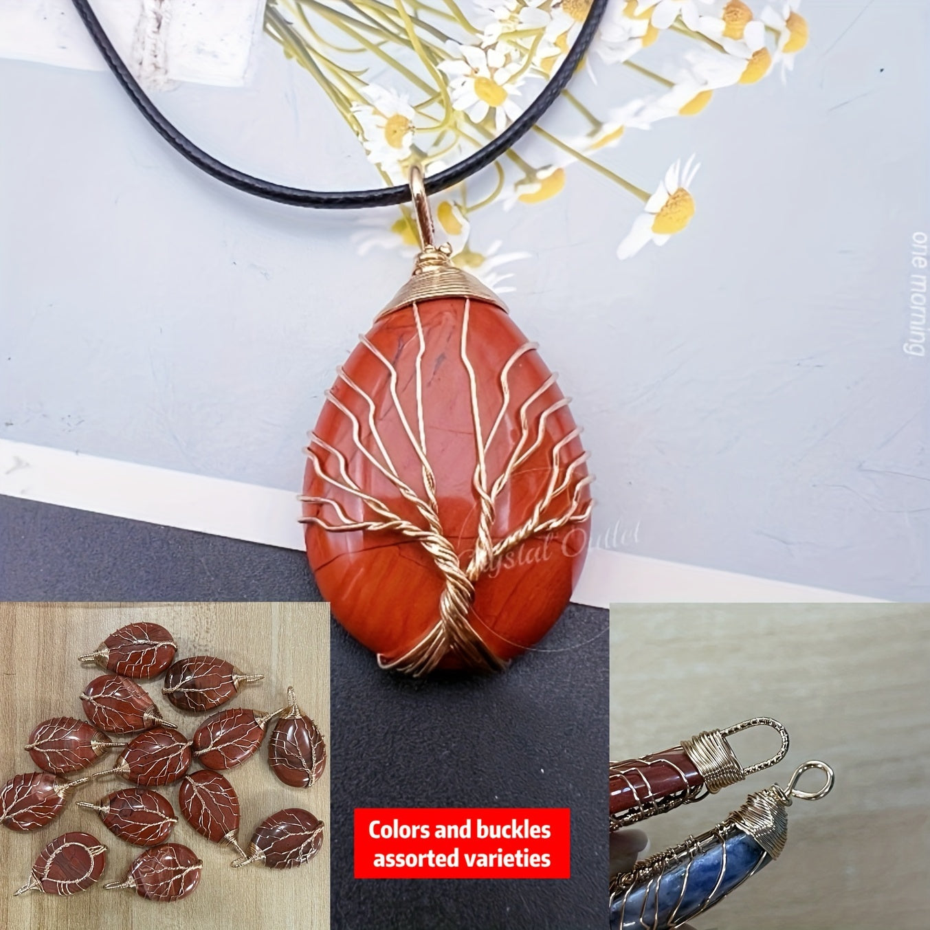 1pc Natural Crystal Droplet Cooper Tree Of Life Charm Pendant Necklace, Black Faux Leather Chakra Gemstone Jewelry Gifts For Women Men