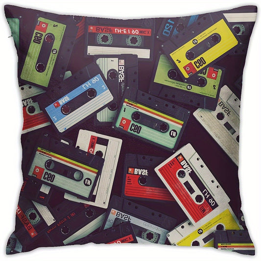 1pc 18x18 Inch Vintage Cassette Tape Design Throw Pillow Cover - Soft Retro Music Themed Short Plush Cushion Case with Classic Rock Decor - Traditional Style for Sofa, Couch, Bed, Dorm Room, Cover Only No Insert, Easy Care an