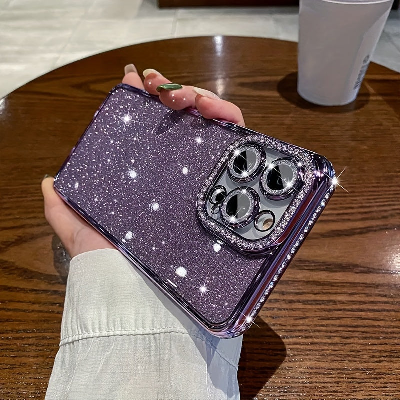 Luxury shiny diamond rhinestone phone case for iPhone 11, 12, 13, 14, 15 Pro, Plus, Pro Max with camera lens protector coated glitter card soft TPU material phone case, perfect holiday gift