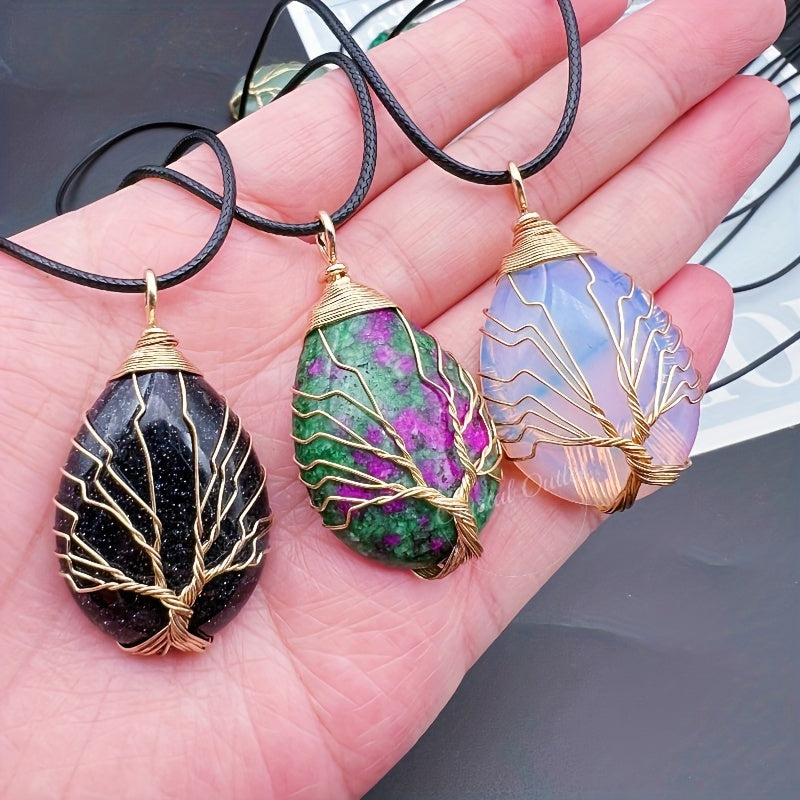 1pc Natural Crystal Droplet Cooper Tree Of Life Charm Pendant Necklace, Black Faux Leather Chakra Gemstone Jewelry Gifts For Women Men