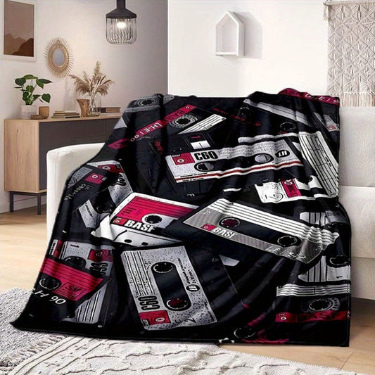 Retro Cassette Tape Design Soft Polyester Square Blanket for Sofa, Bed, Picnic, and Office Use - Comfortable and Cozy Art Print Throw Blanket