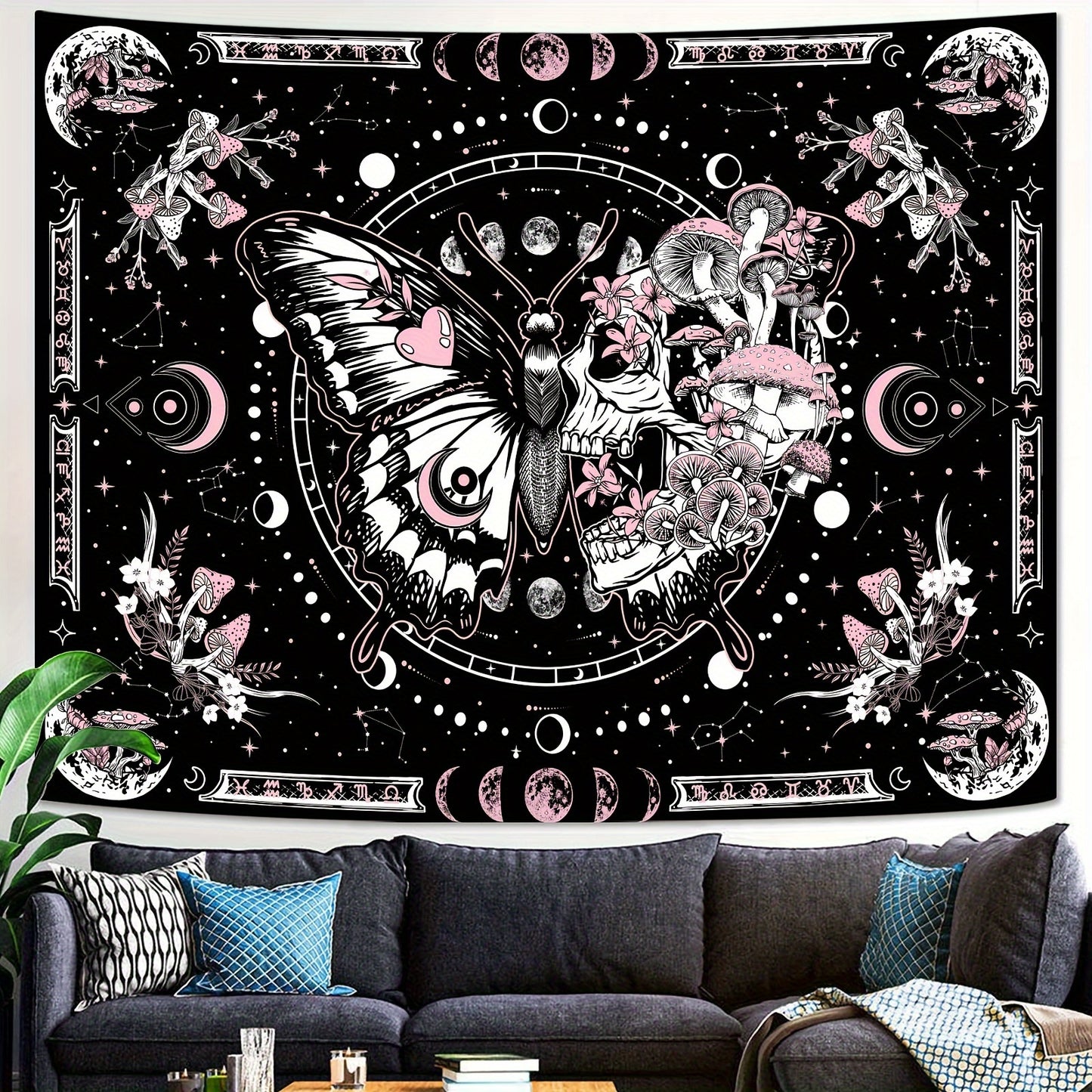 Skull Butterfly Tapestry Pink Skull Hippie Mushroom Plant Bedroom Tapestry Moon Phase Aesthetic Tapestry Living Room Dormitory Wall Hanging Tapestry Pink)