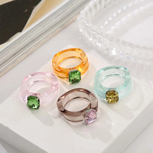 2021 Trend Colorful Women's Resin Mood Ring Vintage Simple Acrylic Rings With Rhinestone Geometric Hip Hop Plastic Rings Jewelry