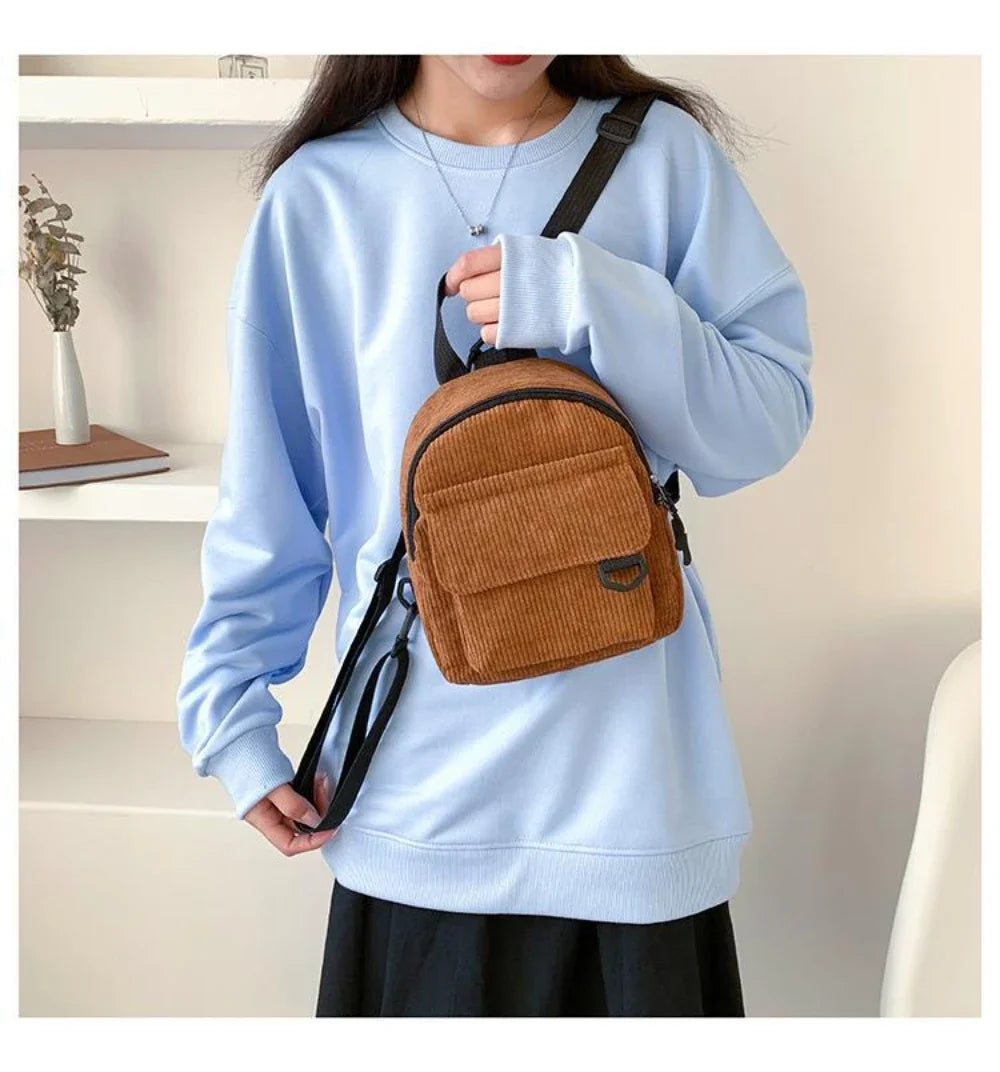 Women's Mini Backpack Fashion Solid Color Corduroy Small Simple Casual Traveling Large Capacity Durable Female's Schoolbag
