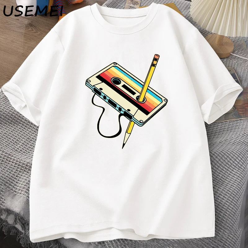 80s Cassette Tape Pencil T Shirts Men Women Retro Vintage Throwback Music Short Sleeve Graphic T Shirts Cotton Casual 90s Tees
