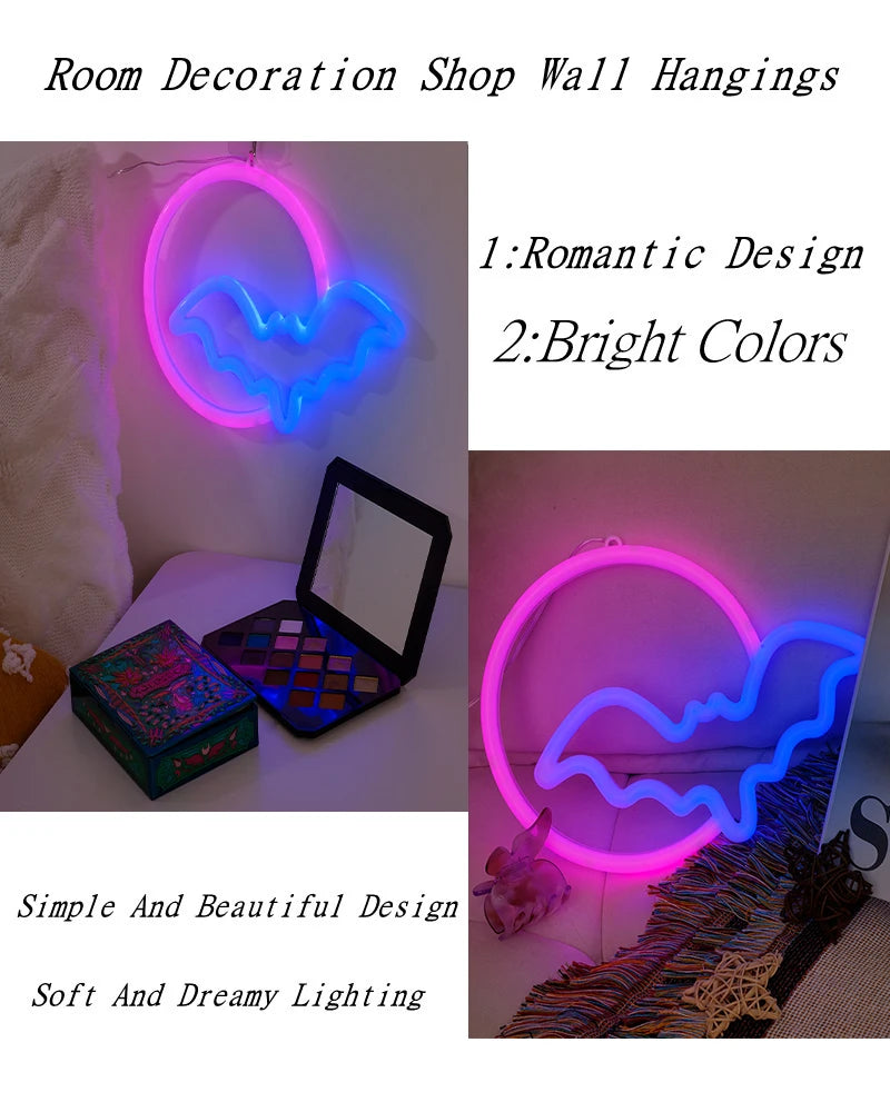 Moon Bat LED Neon Sign for Wall USB Battery Decor Gift