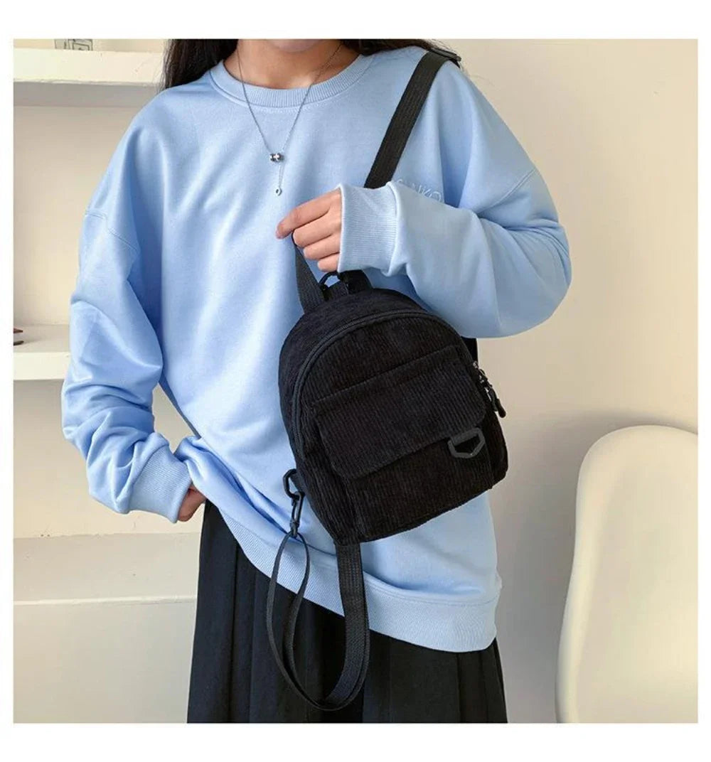 Women's Mini Backpack Fashion Solid Color Corduroy Small Simple Casual Traveling Large Capacity Durable Female's Schoolbag