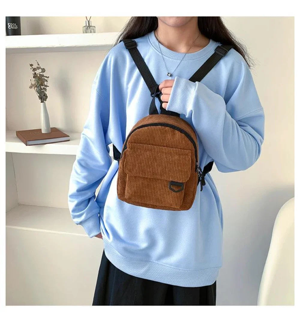 Women's Mini Backpack Fashion Solid Color Corduroy Small Simple Casual Traveling Large Capacity Durable Female's Schoolbag