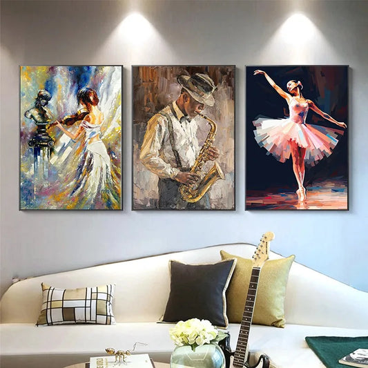 Vintage Music Oil Jazz Saxophone Violin Guitar Piano Posters and Prints Canvas Printing Wall Art Picture for Living Room Decor