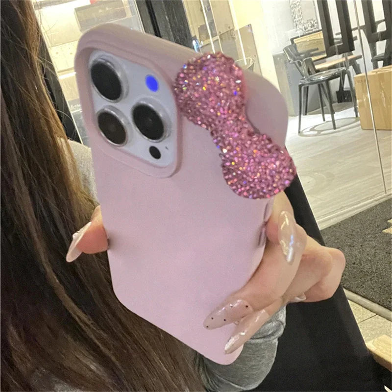 Rhinestone Bow Litchi Pattern Leather Shockproof Phone Case For iPhone 17 16 15 14 13 12 11 Pro Max 7 8 Plus X XS XR 16E Cover