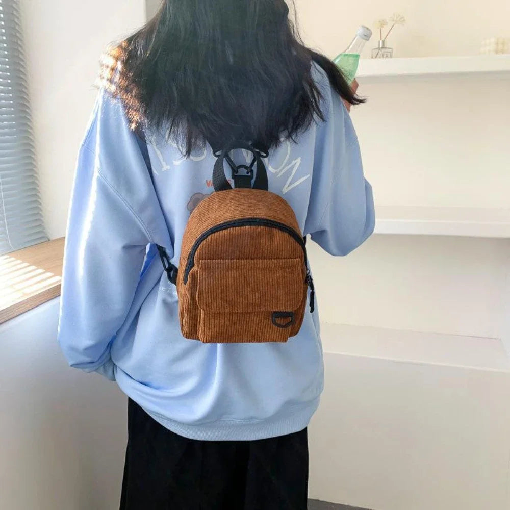 Women's Mini Backpack Fashion Solid Color Corduroy Small Simple Casual Traveling Large Capacity Durable Female's Schoolbag